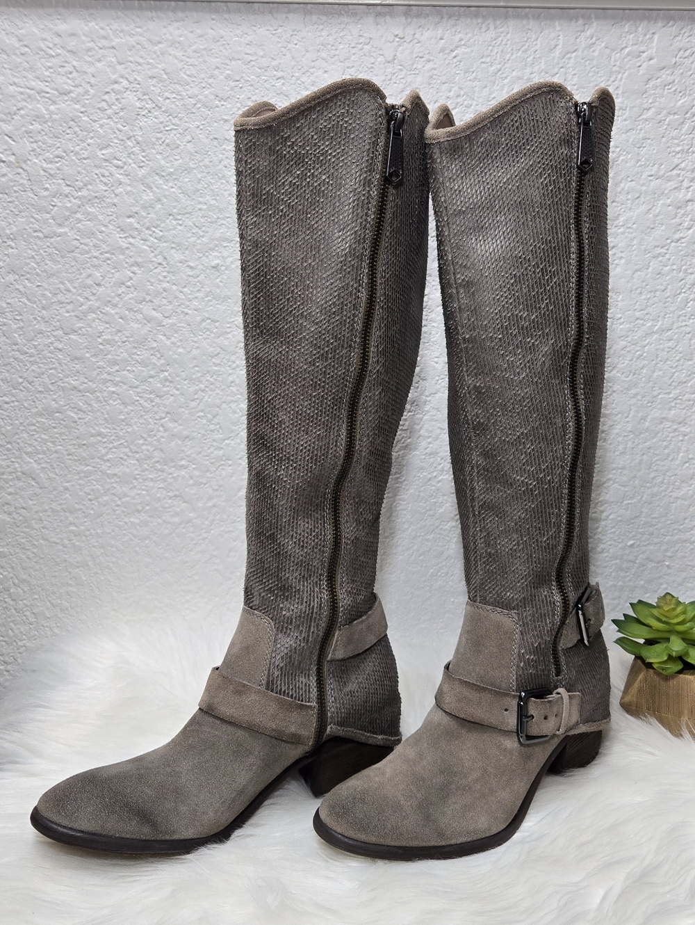 Donald J. Pliner Dela Taupe Suede Western Tall Buckle Boots, Size 7.5